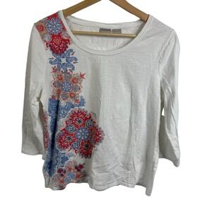 Chico's Shirt tunic women Sz 1 3/4 sleeve White Floral print Crew neck Blouse‎